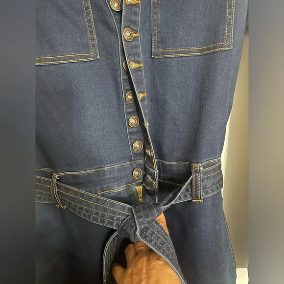 NWOT - Dark Stretch Belted Denim Jumpsuit - Small - Picture 5 of 6